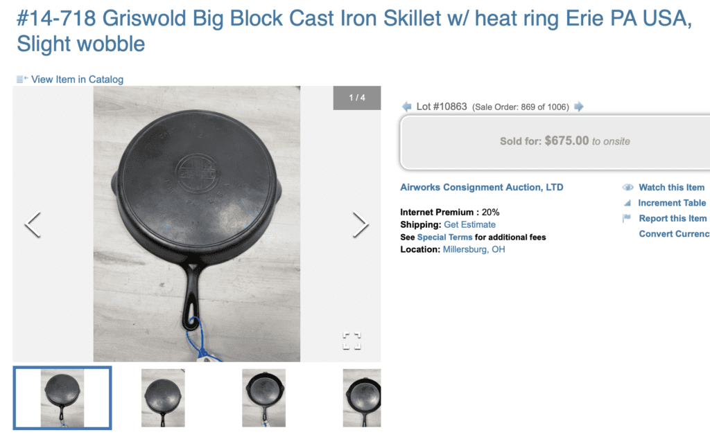 Griswold number 14 large block logo EPU cast iron skillet with heat ring, pattern number 718. Noted to have a "slight wobble" (not uncommon with larger-sized pans, in particular). Sold for $675.